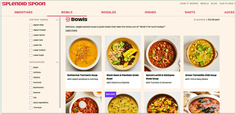 a screenshot of the splendid spoon menu