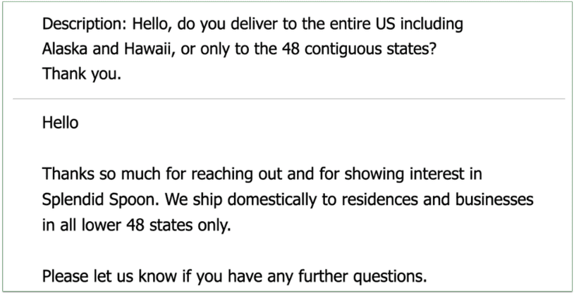 a screenshot of splendid spoon's email support response