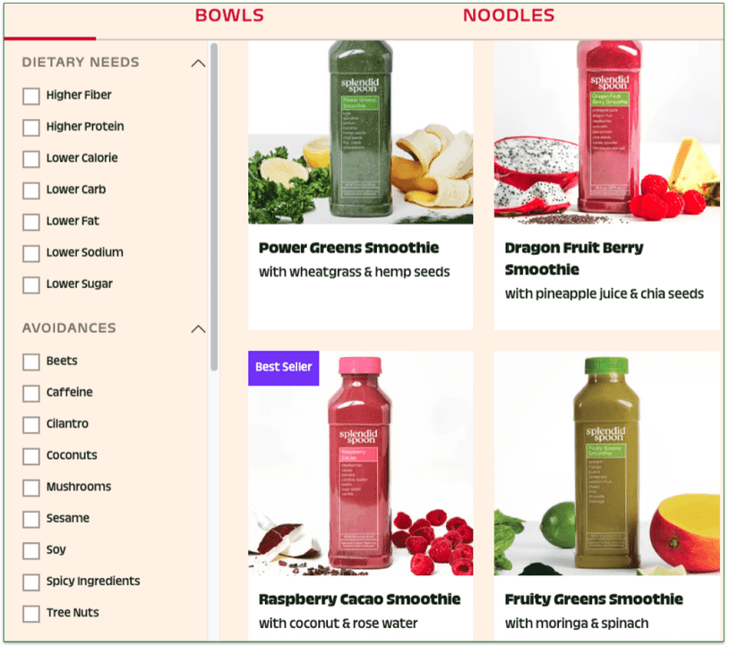 a screenshot of splendid spoon's menu filtering and customization options