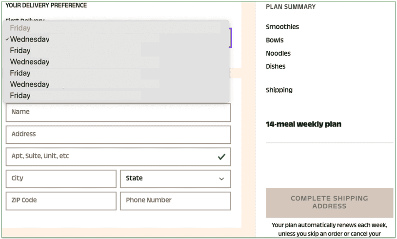 a screenshot of splendid spoon's delivery date selection tool