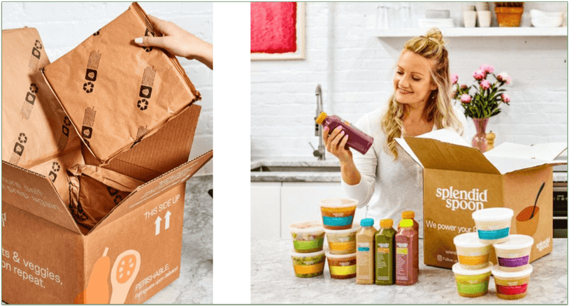 Delivery box of recyclable materials and a woman with a box of Splendid Spoon products in recyclable packaging