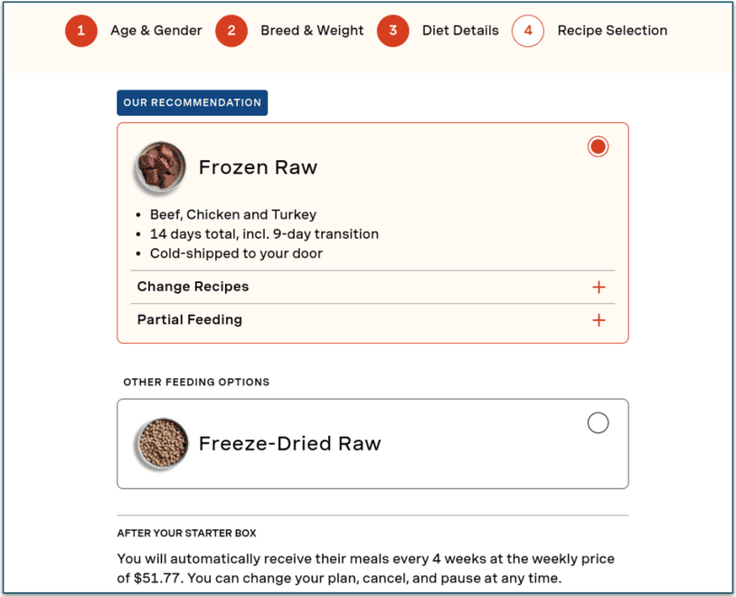 WFR will recommend a meal type and proteins