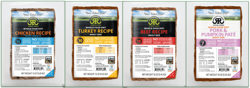images showing 4 types of Raised Right food for adults and puppies