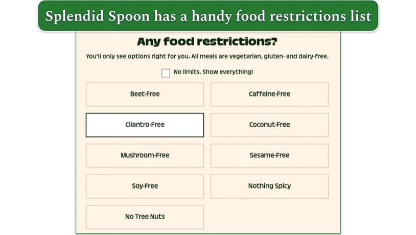 Food restrictions filter on the Splendid Spoon website allows users to select their specific dietary restrictions for personalized meal options.