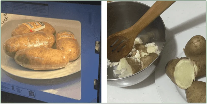 Plastic-wrapped potatoes in a microwave and being mashed in a bowl with a spoon