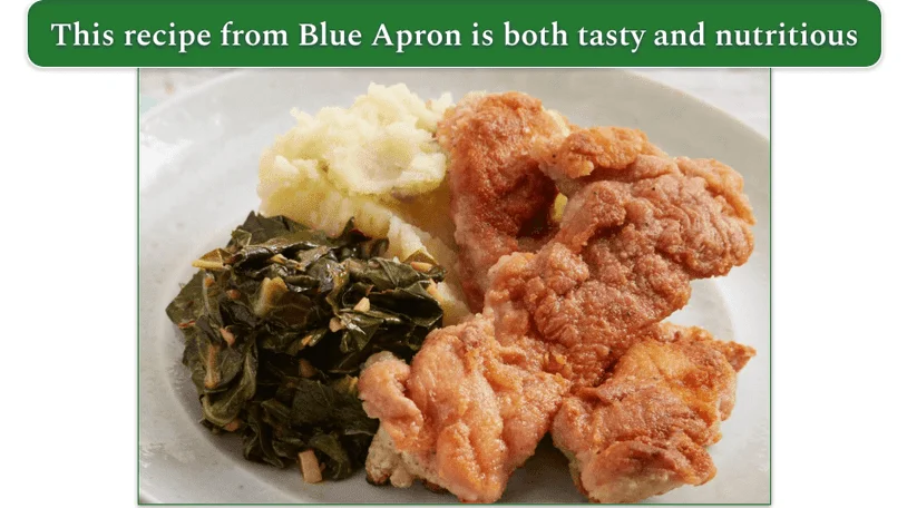 the Crispy Chicken with Mashed Potato & Spicy Collard Greens from blue apron