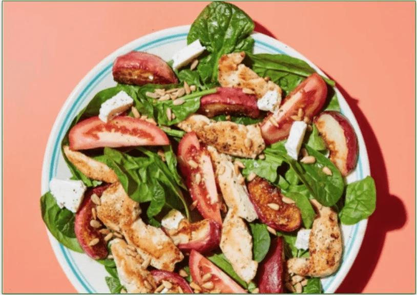 a screenshot of dinnerly's Easy Clean Up! Balsamic Chicken & Peach Salad