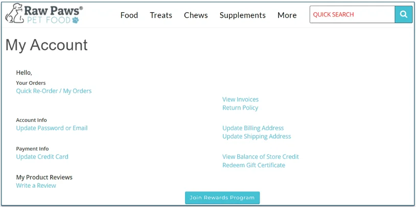 My Account page on Raw Paws Pet Food's site