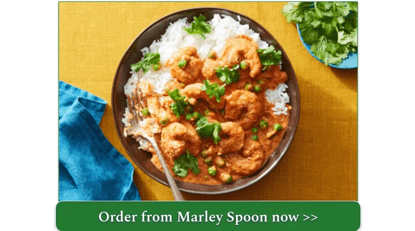 Marley Spoon's shrimp tikka masala with peas and rice.