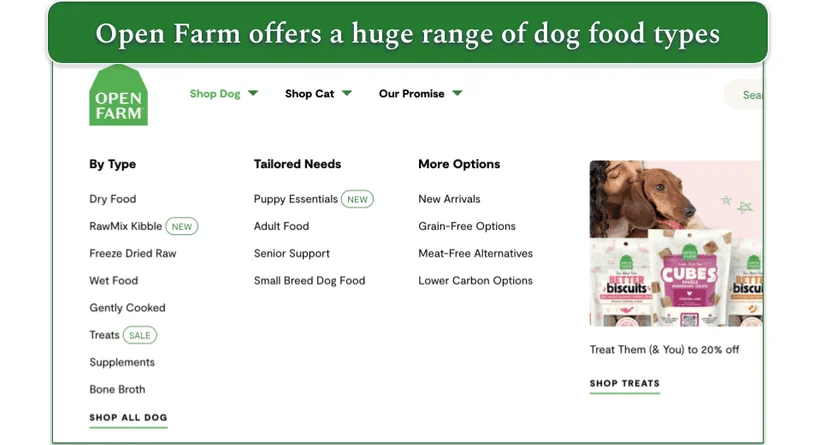 Screenshot of Open Farm’s dog food menu by type and needs