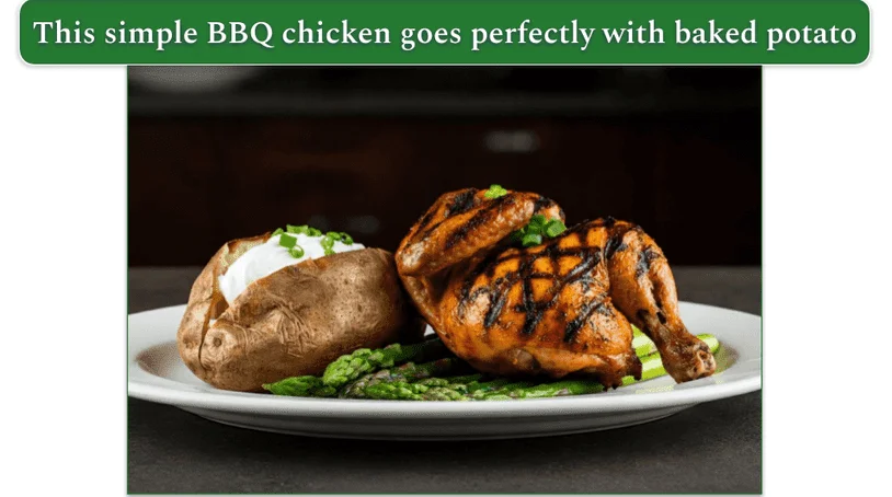 a plate of bbq chicken, baked potato, and asparagus