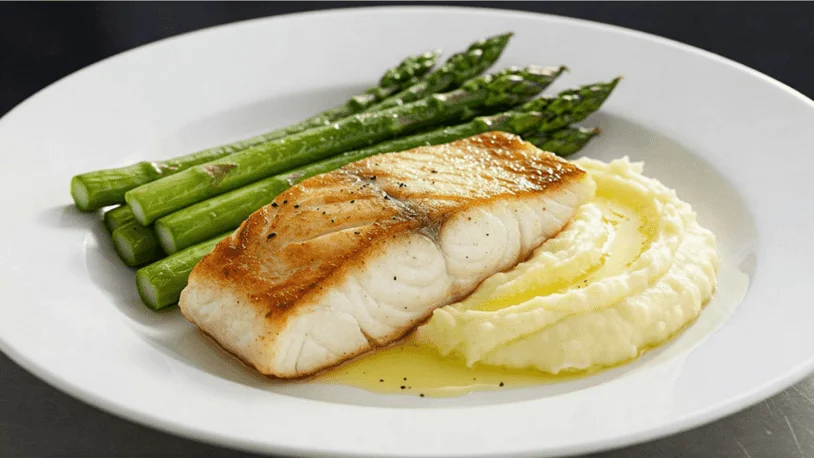A plate with a piece of grilled salmon, roasted asparagus, and mashed potatoes with butter.