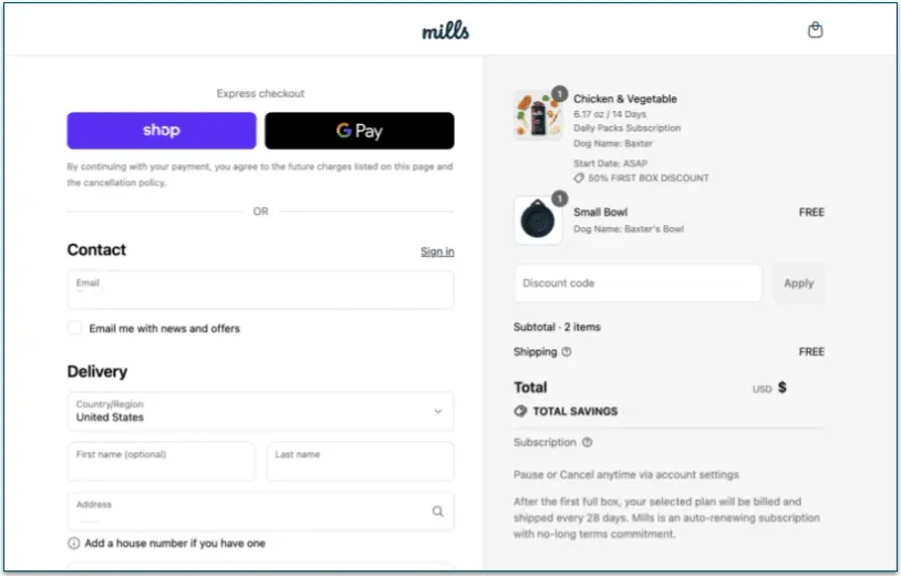 screenshot of Mills' order summary sidebar