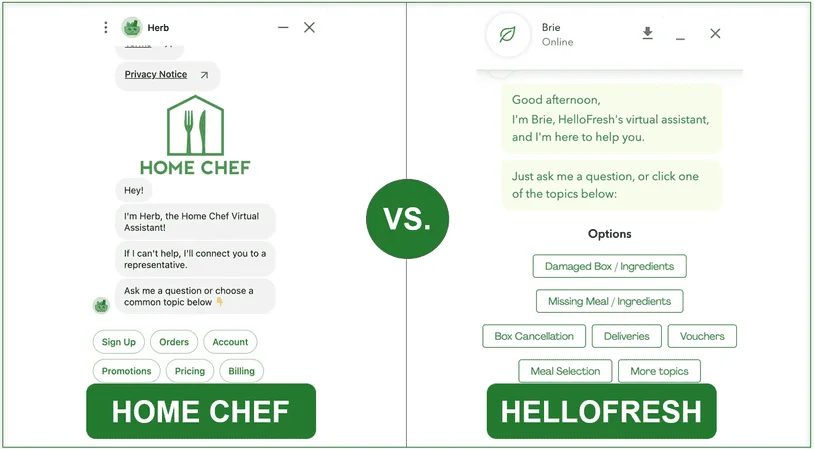Screenshot of Home Chef's chat bot alongside HelloFresh's chatbot