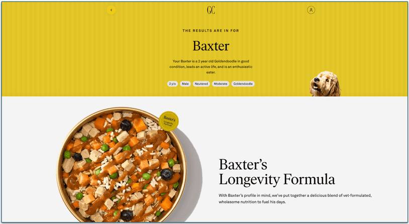 screenshot of golden child's results are in page with personalized results for baxter