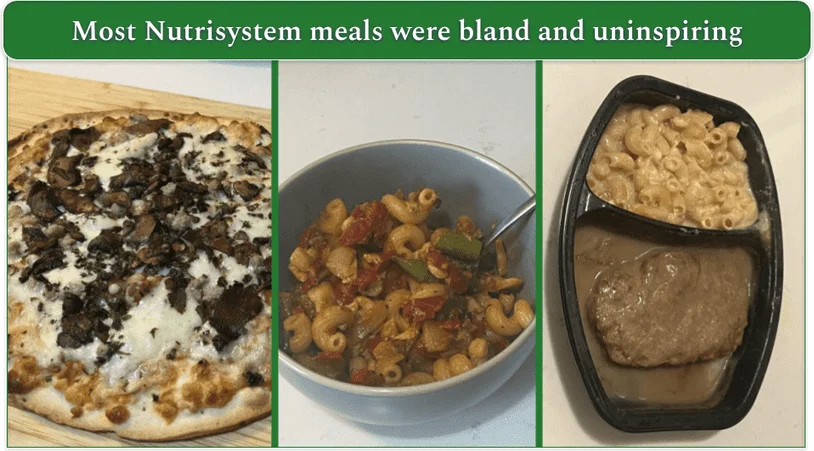 Nutrisystem's Caramelized Onion, Mushroom and Turkey Sausage Pizza, Red Pepper Chicken and Pasta Sauté, and Salisbury Steak with Mac and Cheese.