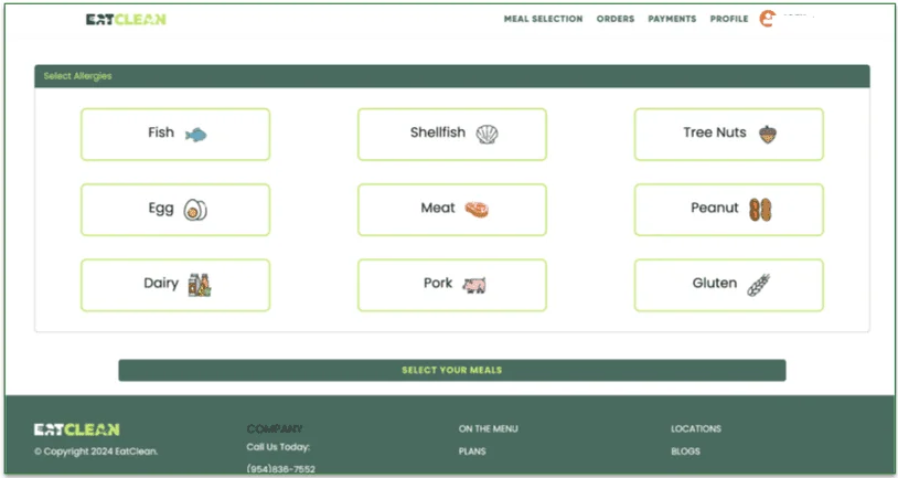 Allergy selection screen with 9 allergens listed including dairy, tree nuts, and gluten