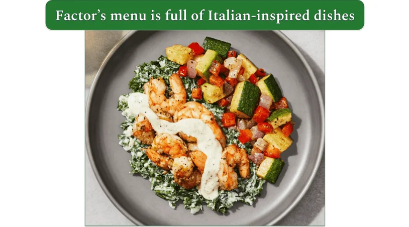 Factor's Tuscan Shrimp with Creamy Kale & Zucchini-Pepper-Onion Medley keto & calorie-smart dish