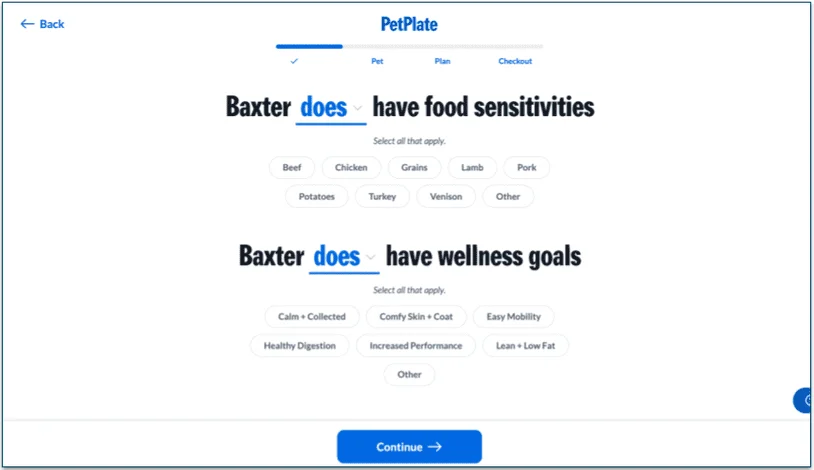  PetPlate's quiz page on sensitivities