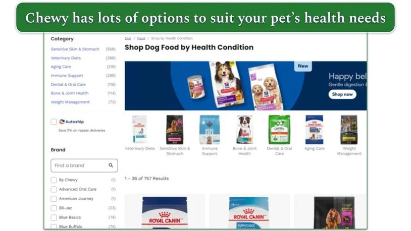 Chewy's dog food with filters for various health conditions