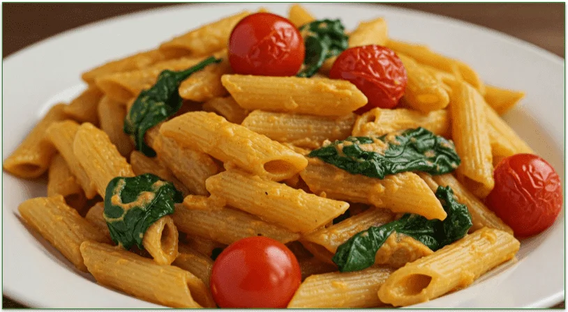 A bowl of penne with a hummus sauce, cherry tomatoes, and spinach.