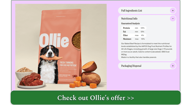 photo of Ollie's gently baked beef dish next to the guaranteed analysis showing max 4% fiber