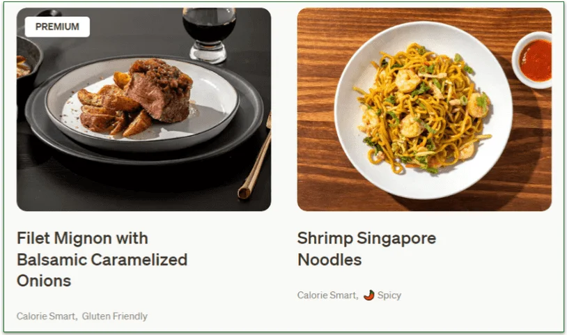 Tovala's meals with tags highlighting their main features