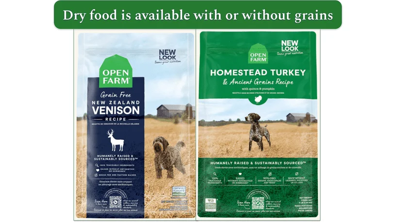 Image showing a pack of grain free venison recipe and a pack of turkey recipe with grains both from Open Farm