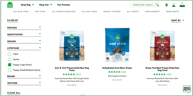 Screenshot of Open Farm’s menu sorted by Puppy Large Breed