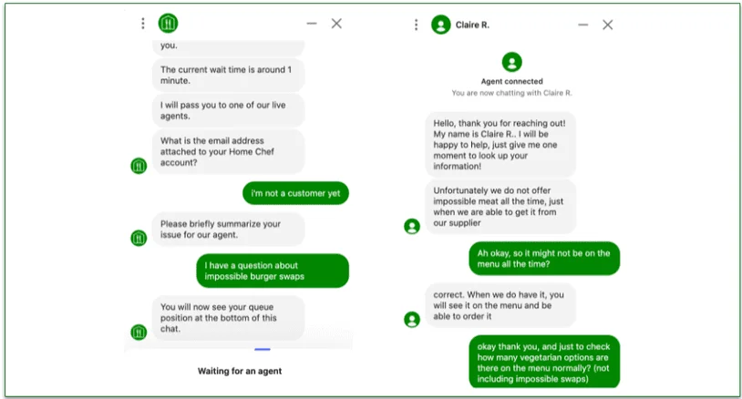 Screenshot of conversations with Home Chef chatbot and customer support agent