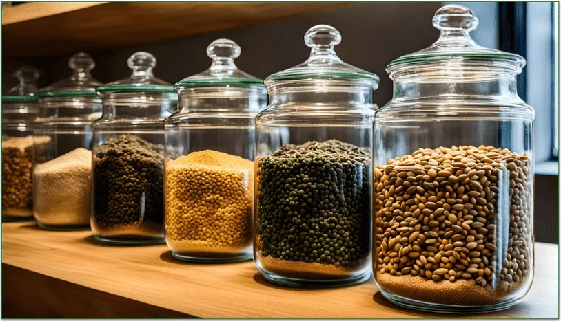Various grains and legumes in jars