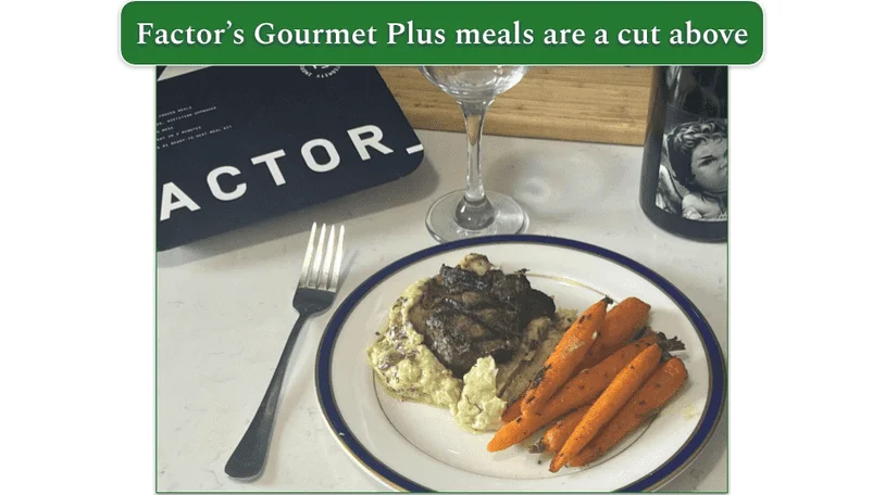 Factor’s Truffle Butter Filet Mignon served on a plate with carrots