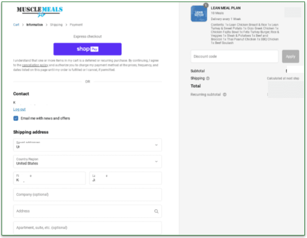 Muscle Meals to Go's shipping details page