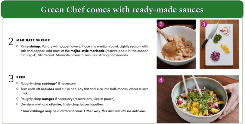Screenshot of Green Chef's cooking instructions with ready-made marinade highlighted