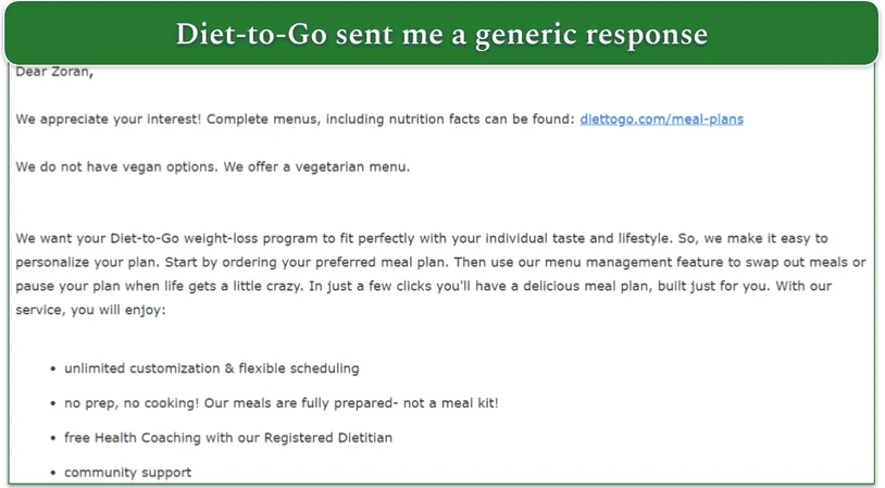 An email response from Diet-to-Go
