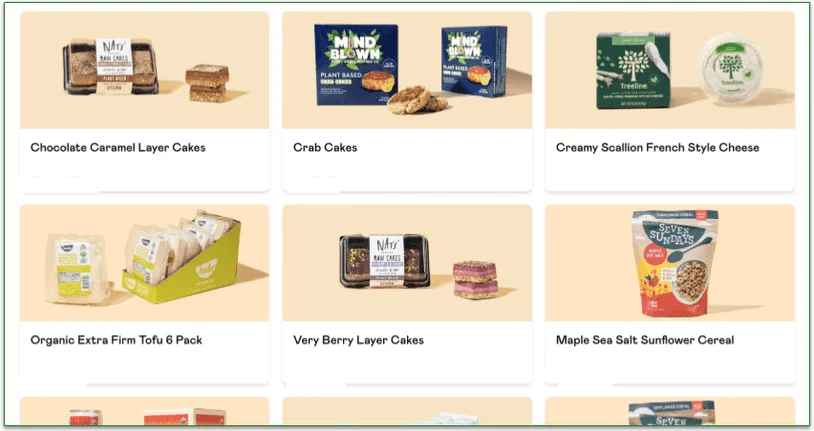 A selection of items in Purple Carrot's Grocery menu