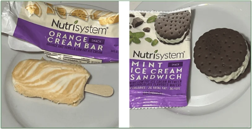 photo of the Nutrisystem Orange Cream Bar and the Mint Ice Cream Sandwich next to the wrappers on a plate