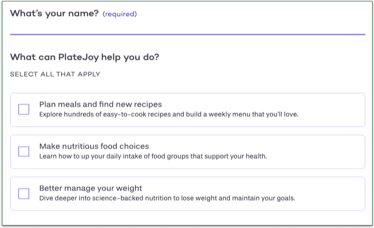 Screenshot of PlateJoy's sign-up page