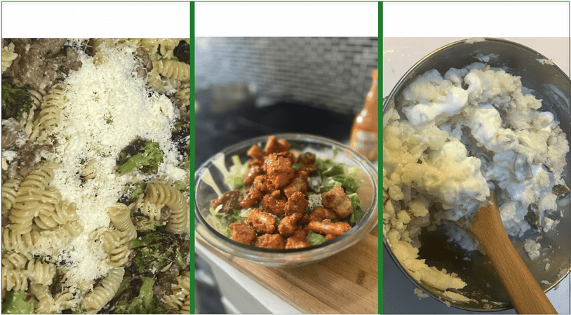 Hungryroot's Lemony Italian Sausage & Broccoli Pasta, Crispy Buffalo Chicken Caesar Salad, and Creamy Roasted Garlic Mashed Potatoes