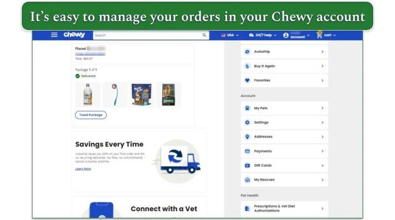 Chewy's account page with past orders and options to manage your pets, addresses,  payments, and more