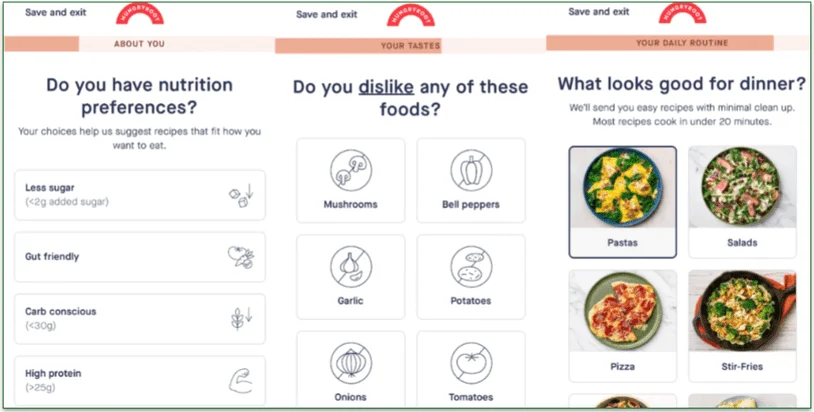3 screens from Hungryroot's taste questionnaire