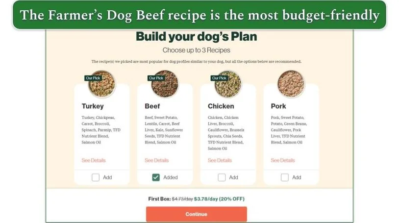 The Farmer's Dog Beef recipe and pricing during signup