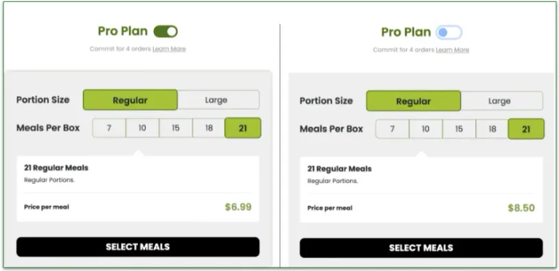 a screenshot of flexpro meals' plan selection screen