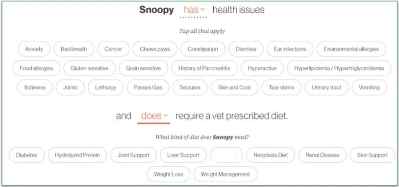 The Farmer's Dog quiz's health issues and prescription diets