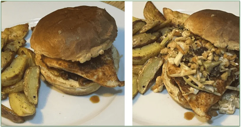 Image of the prepared Sweet & Smoky BBQ Chicken Sandwiches next to the same dish with added slaw in the bun