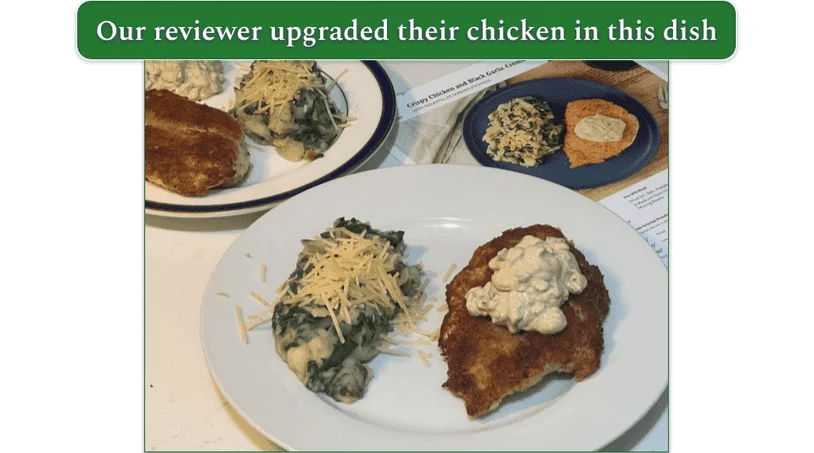 Two plates of Home Chef's Crispy Chicken and Black Garlic Crema