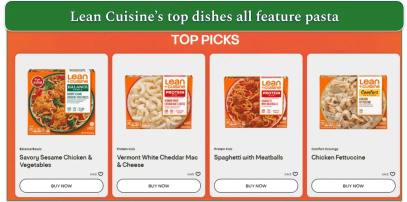 Screenshot of Lean Cuisine's Top Picks on the menu