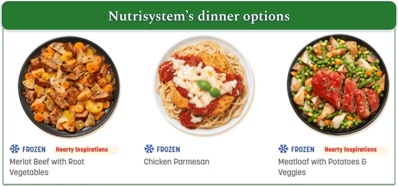 Image of 3 dinner meals on the Nutrisystem menu