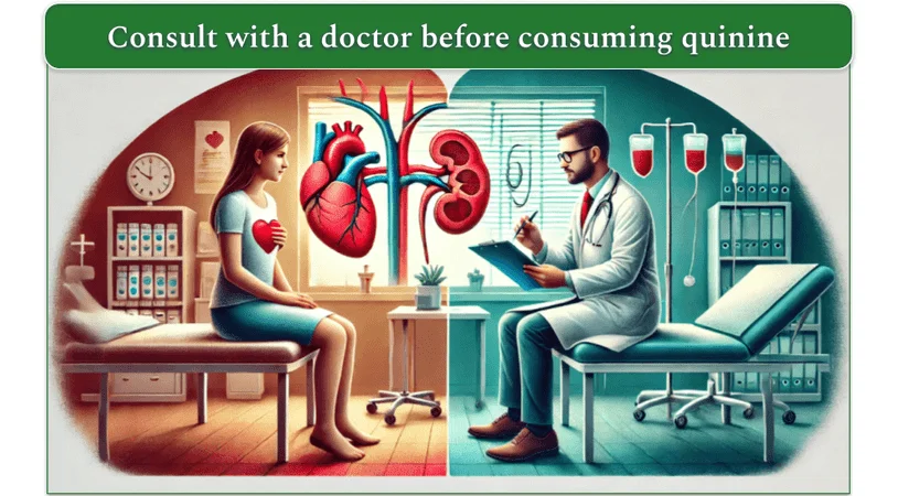 An image showing a female patient visiting a doctor. Between them are an enlarged heart and kidney.