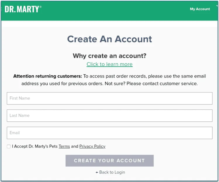 Screenshot of Dr. Marty Pets account creation screen